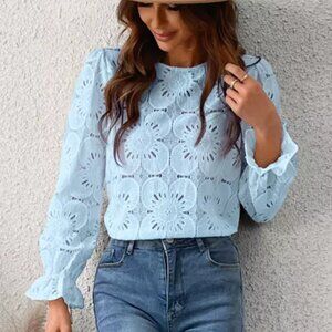 Cupshe Happy Weekend Floral Eyelet Blouse Size Medium | New Without Tag | Blue